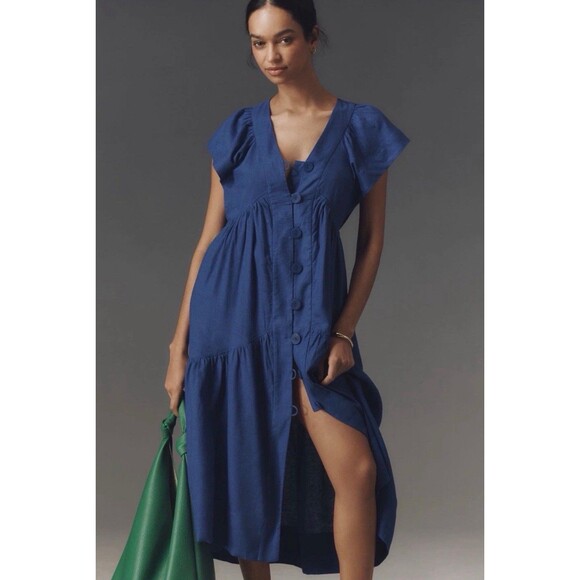 the reneé flutter sleeve linen button front midi dress The Reneé Flutter-Sleeve Linen Button-Front Midi Dress by Anthropologie in Blue, Size: Small